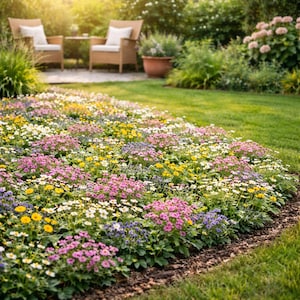 Pode incluir: Um canteiro de flores vibrante em um jardim. O canteiro &eacute; preenchido com uma variedade de flores coloridas, incluindo flores rosa, amarelas, brancas e roxas. Duas cadeiras de vime com almofadas brancas e uma pequena mesa ao fundo.