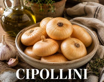Puede incluir: Un cuenco de cerámica lleno de varias cebollas cipollini enteras, redondas y de color marrón claro. El texto CIPOLLINI YELLOW ONION SEEDS está impreso en blanco en la parte inferior. Una botella de aceite de oliva, ajo y hierbas cerca.