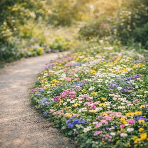 Pode incluir: Um caminho sinuoso de terra ladeado por uma vibrante variedade de flores silvestres coloridas. As flores incluem tons de rosa, amarelo, branco e azul, criando uma cena pitoresca. O fundo est&aacute; desfocado com folhagem verde.