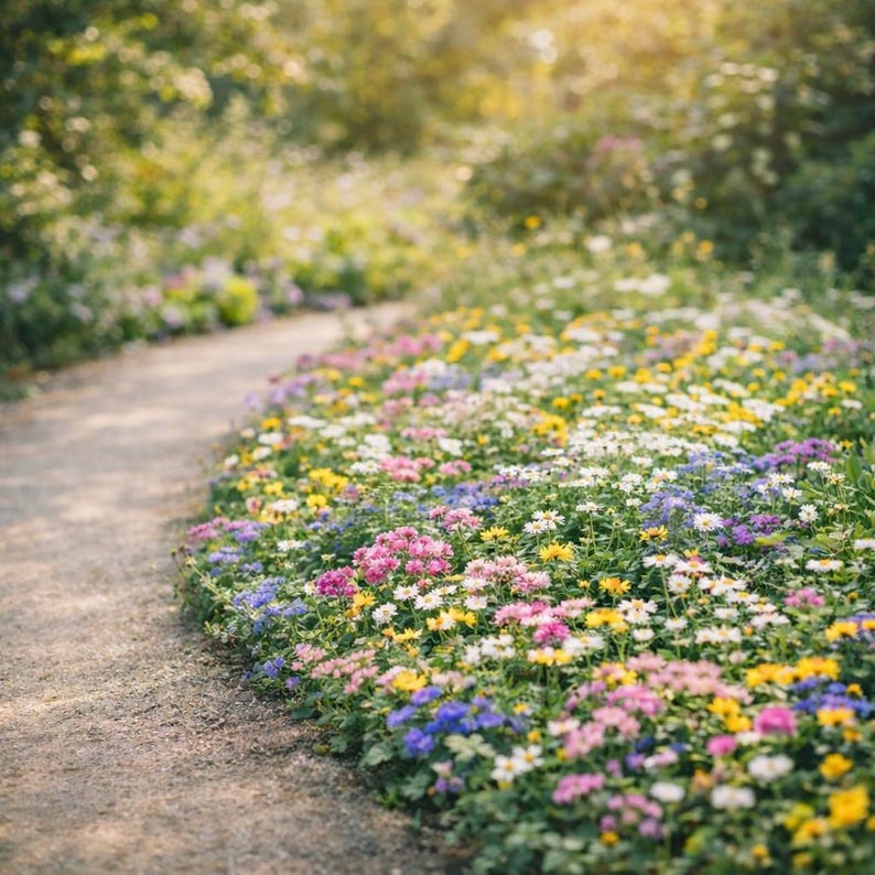 Pode incluir: Um caminho sinuoso de terra ladeado por uma vibrante variedade de flores silvestres coloridas. As flores incluem tons de rosa, amarelo, branco e azul, criando uma cena pitoresca. O fundo est&aacute; desfocado com folhagem verde.