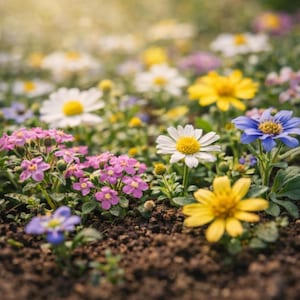 Pode incluir: Um campo vibrante de flores coloridas em plena flora&ccedil;&atilde;o. A imagem apresenta uma variedade de flores, incluindo margaridas brancas com centros amarelos, cachos rosa, flores amarelas e azuis. As flores s&atilde;o colocadas em um fundo de folhagem verde e terra marrom.