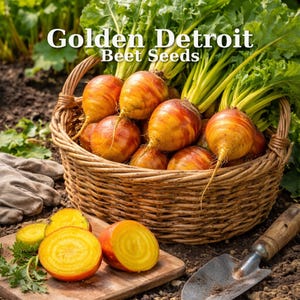 May include: A wicker basket overflowing with Golden Detroit beet seeds, showcasing vibrant yellow and orange roots. The image includes cut beets on a wooden board, green leafy tops, and the text "Golden Detroit Beet Seeds".