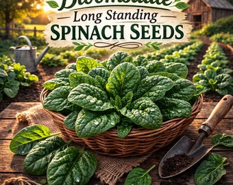 Puede incluir: Una cesta de hojas frescas de espinacas con gotas de agua, una pequeña pala y el texto "Bloomsdale Long Standing Spinach Seeds" sobre una mesa de madera. El fondo muestra un jardín con hileras de plantas de espinacas y un granero.