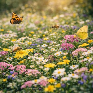 Pode incluir: Um campo vibrante de flores silvestres em plena flora&ccedil;&atilde;o, com uma variedade de cores, incluindo amarelo, rosa, branco e roxo. V&aacute;rias borboletas e abelhas s&atilde;o vistas voando e pousando nas flores, criando uma cena animada e natural.