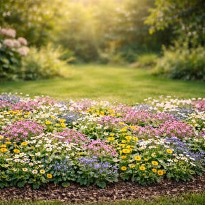 Pode incluir: Um canteiro de flores vibrante com fileiras de flores coloridas em tons de rosa, amarelo, branco e azul. As flores s&atilde;o colocadas em um fundo de grama verde e &aacute;rvores, com a luz do sol filtrando.