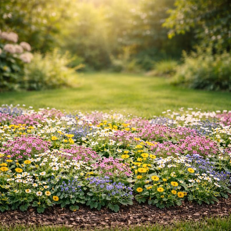 Pode incluir: Um canteiro de flores vibrante com fileiras de flores coloridas em tons de rosa, amarelo, branco e azul. As flores s&atilde;o colocadas em um fundo de grama verde e &aacute;rvores, com a luz do sol filtrando.
