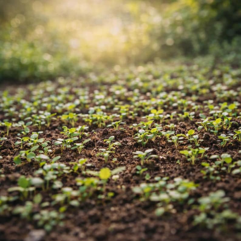 Pode incluir: Um campo de mudas verdes jovens emergindo de solo marrom escuro. As plantas s&atilde;o pequenas, com v&aacute;rias folhas, e est&atilde;o uniformemente espa&ccedil;adas pelo campo. A luz solar filtra-se pelo fundo, criando um brilho suave e natural.