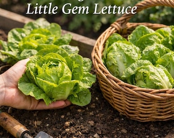 Puede incluir: Primer plano de lechuga Little Gem orgánica fresca. La imagen muestra una mano sosteniendo una cabeza de lechuga, con una cesta llena de lechuga en el fondo. Una pequeña paleta de jardín descansa sobre el suelo. El texto "Organic Little Gem Lettuce" está en la parte superior.