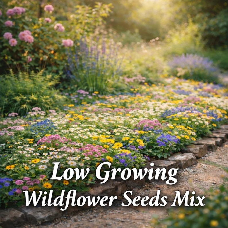 Pode incluir: Um canteiro vibrante transbordando com uma mistura de flores silvestres coloridas. As flores incluem tons de rosa, amarelo, branco e azul. O texto "Low Growing Wildflower Seeds Mix" &eacute; exibido na parte inferior da imagem.