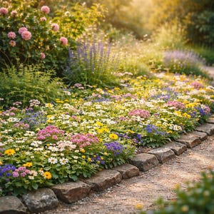 Pode incluir: Um canteiro de flores vibrante com uma variedade de flores coloridas, incluindo rosas, amarelas, brancas e roxas. Uma borda de pedra contorna a borda do canteiro de flores, com um caminho de terra e cascalho. A cena &eacute; banhada pela luz do sol.