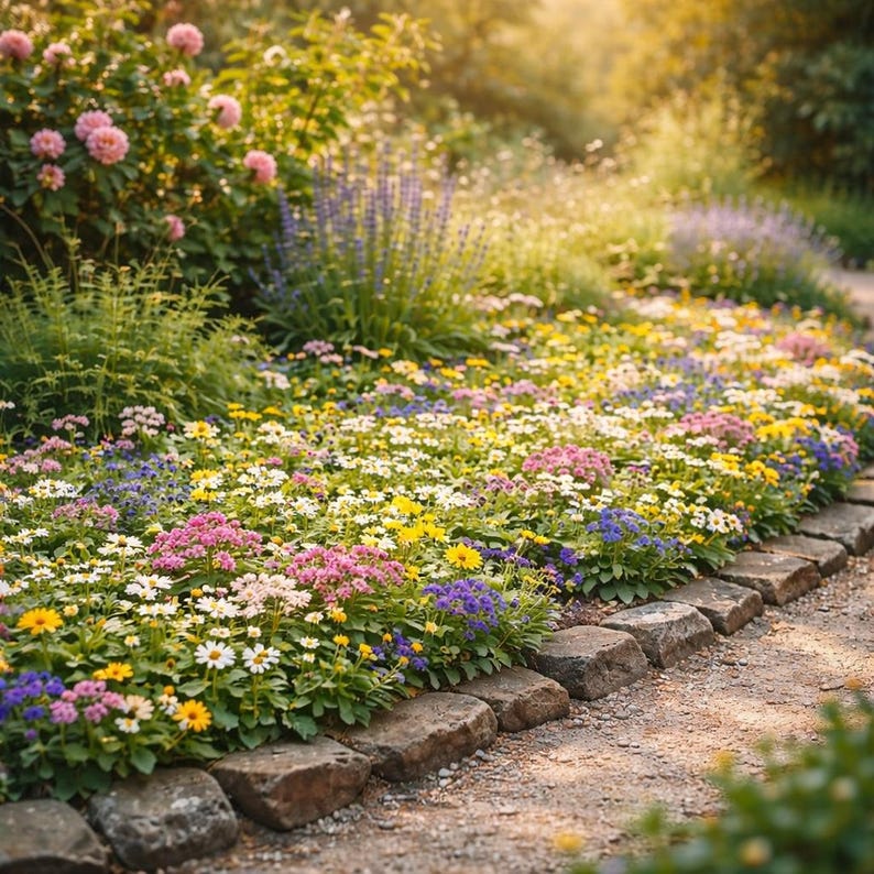 Pode incluir: Um canteiro de flores vibrante com uma variedade de flores coloridas, incluindo rosas, amarelas, brancas e roxas. Uma borda de pedra contorna a borda do canteiro de flores, com um caminho de terra e cascalho. A cena &eacute; banhada pela luz do sol.