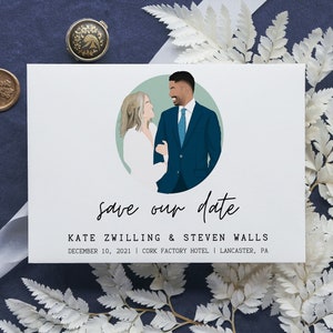 FREE PREVIEW in 1 DAY Wedding Venue "Save Our Date" Announcement Custom Cards, Personalized Illustration, Save the Date Wedding Invitations