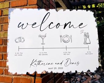 Welcome Sign with Ceremony Details -  Acrylic Last Name Wedding Sign Surname Sign Personalized Wedding Sign Brushed Sign Painted Background