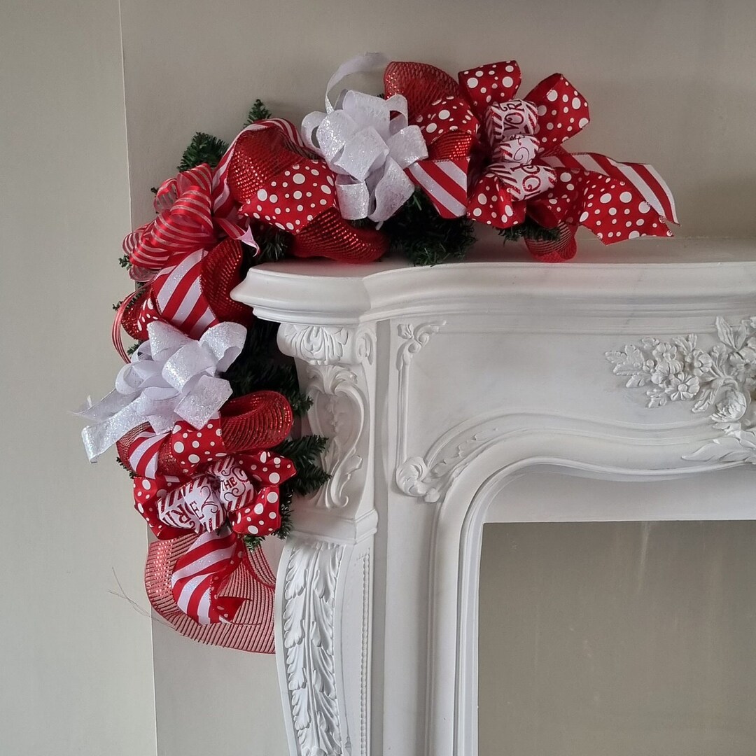 Candy Cane Christmas Garland, Mantle Garland, Red & White Christmas