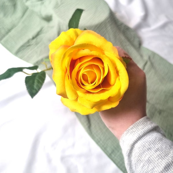Artificial yellow rose stem, Velvet faux flowers, Yellow Rose Single Stems, Fake Flowers, Yellow Home Decor, Artificial Yellow Flowers