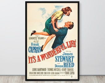 May include: Vintage movie poster for "It's a Wonderful Life" starring James Stewart and Donna Reed. The poster features a colorful illustration of the couple embracing.
