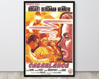 May include: A vintage movie poster for the film Casablanca, featuring Humphrey Bogart, Ingrid Bergman, and Paul Henreid. The poster is in a black frame and has a red, yellow, and white color scheme. The text on the poster reads "Warner Bros. presents Humphrey Bogart, Ingrid Bergman, Paul Henreid in Casablanca. Claude Rains, Conrad Veidt, Sydney Greenstreet, Peter Lorre. Production of Hal B. Wallis. Directed by Michael Curtiz. Music by Max Steiner."