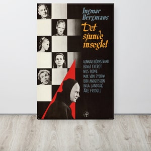 May include: A vintage movie poster for the film "The Seventh Seal" by Ingmar Bergman. The poster features a black and white image of a chessboard with a hooded figure in the foreground. The title of the film is written in bold, white letters against a red background. The poster also includes the names of the actors and director.