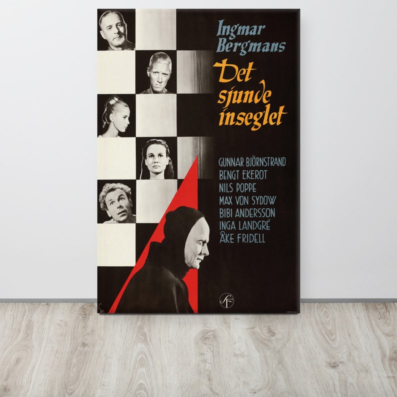 May include: A vintage movie poster for the film "The Seventh Seal" by Ingmar Bergman. The poster features a black and white image of a chessboard with a hooded figure in the foreground. The title of the film is written in bold, white letters against a red background. The poster also includes the names of the actors and director.