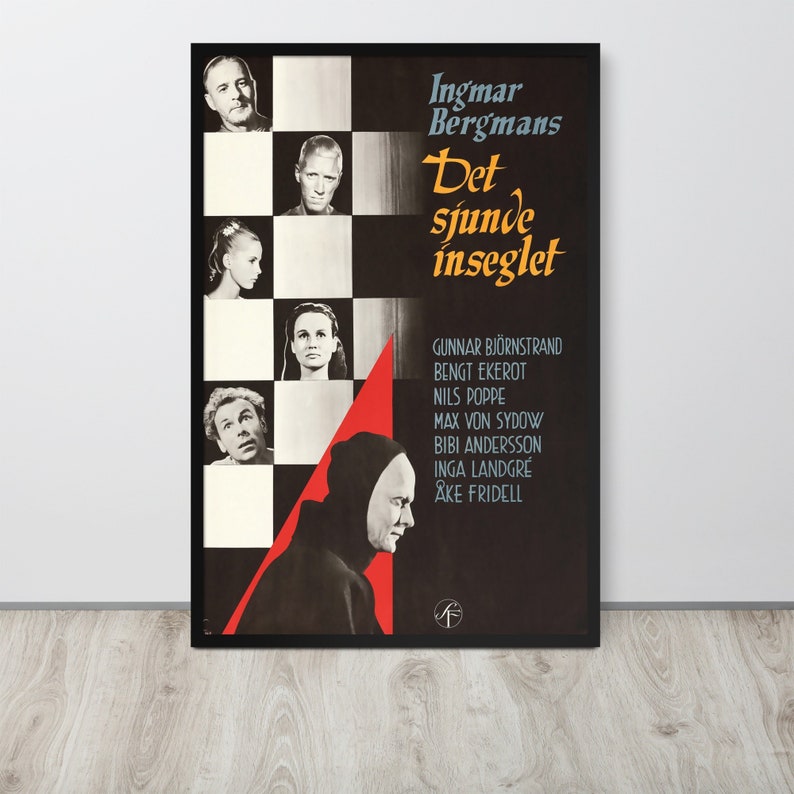 May include: A vintage movie poster for the film "The Seventh Seal" by Ingmar Bergman. The poster features a black and white checkered background with a red triangle in the lower right corner. The title of the film is written in white text on a black background. The poster also includes the names of the actors in the film.