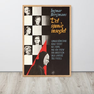 May include: A vintage movie poster for the film "The Seventh Seal" by Ingmar Bergman. The poster features a black and white checkered background with portraits of the actors. A hooded figure in red stands in the foreground. The text on the poster reads "Ingmar Bergman's The Seventh Seal" in yellow and "Gunnar Bj&ouml;rnstrand, Bengt Ekerot, Nils Poppe, Max von Sydow, Bibi Andersson, Inga Landgr&eacute;, &Aring;ke Fridell" in black.