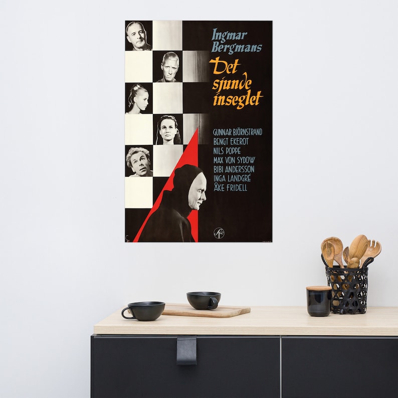 May include: A vintage movie poster for the film "The Seventh Seal" by Ingmar Bergman. The poster features a black and white image of a chessboard with a hooded figure in the foreground. The title of the film is written in red and yellow text.