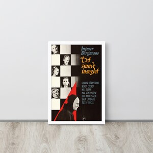 May include: A vintage movie poster for the film "The Seventh Seal" by Ingmar Bergman. The poster features a black and white checkered background with a red triangle in the lower right corner. The title of the film is written in black and white text, and the cast and crew are listed below.