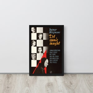May include: A black and white poster for the film "The Seventh Seal" by Ingmar Bergman. The poster features a chessboard with a hooded figure in the foreground. The text on the poster reads "Ingmar Bergman's The Seventh Seal".