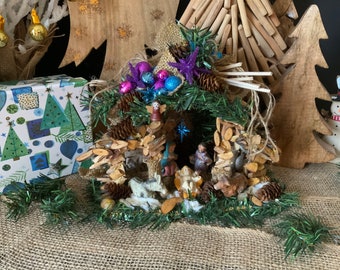 Christmas Nativity Scene/Decor - Handcrafted - Wooden Upcycled Stable - 5 Resin Figurines - Rustic/Touch of Modern - Hues of Blue/Purple