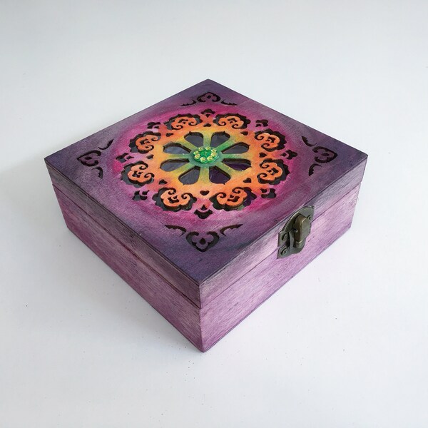Hand-Painted Wooden Box - Rainbow Temple Medium
