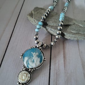 Skystone Dublet and rose Carved Bone Pendant
