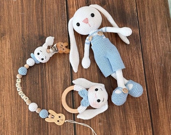 Muñeco de conejito de ganchillo, Conejo de ganchillo en venta, Conjunto de conejo de ganchillo para bebé niño, Conejito de orejas largas personalizado, Regalo para bebé niño, Conejo de ganchillo