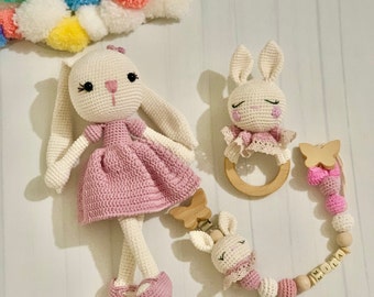 Crochet Pacifier Holder Set, Custom Pacifier Clip, Sleeping Zoe Crochet Bunny, Crochet Sleeping Zoe Rabbit, Sleeping Zoe Rattle