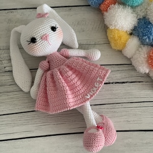 Personalized Crochet Bunny Doll, Long Ear Rabbit For Sale, Crochet Animals, Customized Long Ear Bunny, Knitted Stuffed Bunny Pink