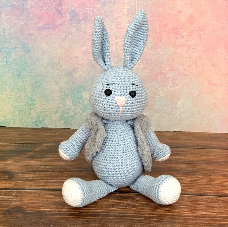 Personalized Crochet Bunny Doll, Long Ear Rabbit For Sale, Crochet Animals, Customized Long Ear Bunny, Knitted Stuffed Bunny Blue