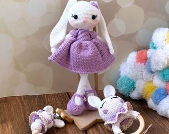 Conejito de ganchillo hecho a mano, conjunto personalizado de conejo de orejas largas, muñeco de peluche, conejo de ganchillo, conejo lavanda, regalo para embarazadas