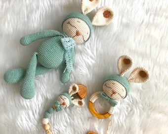 Crochet Sleeping Zoe Rattle and Pacifier Holder Set, Custom Baby Pacifier Clip, Sleeping Zoe Crochet Bunny, Crochet Sleeping Zoe Rabbit