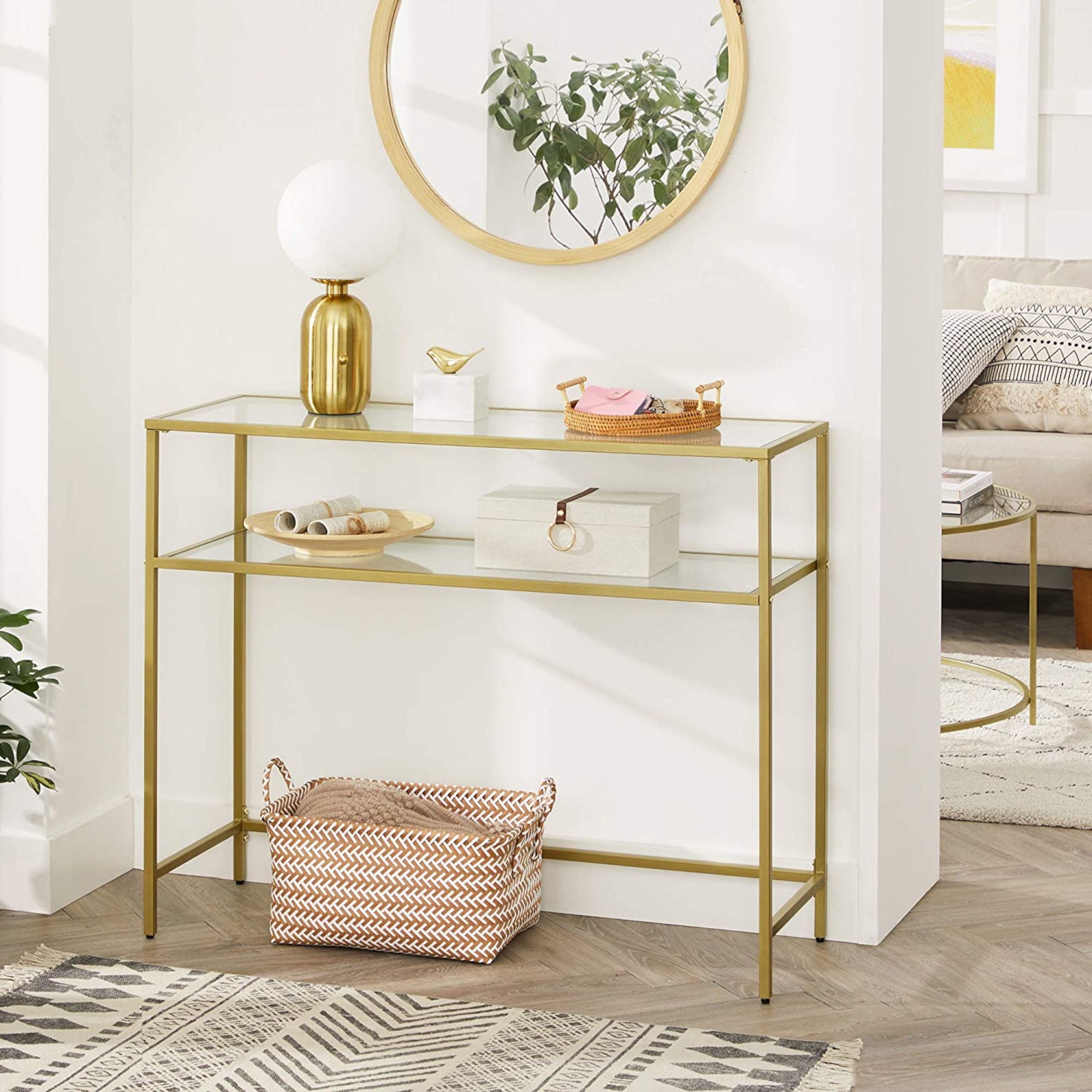 Console Table Gold Side Table With 2 Shelves Tempered Glass - Etsy