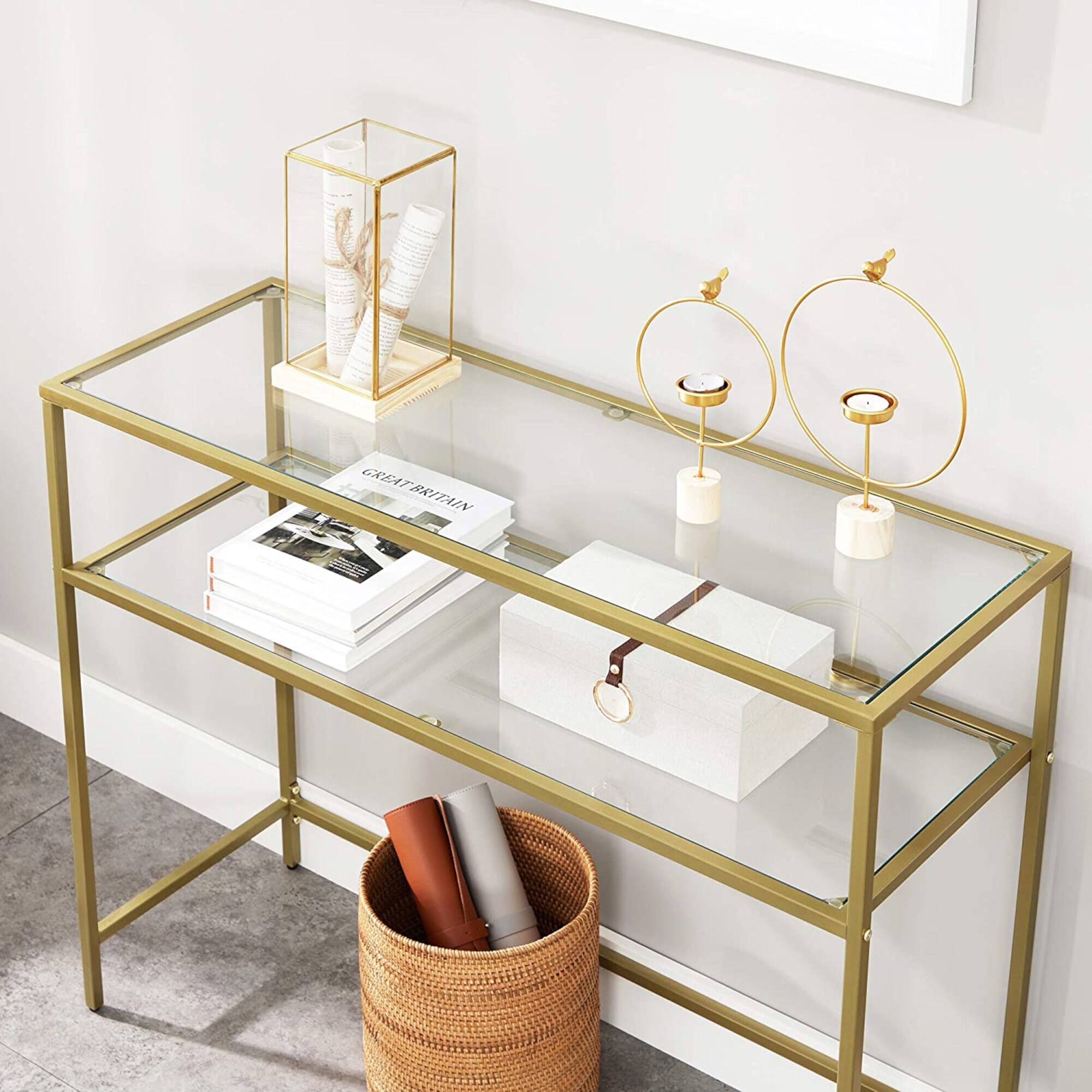 Console Table Gold Side Table With 2 Shelves Tempered Glass - Etsy