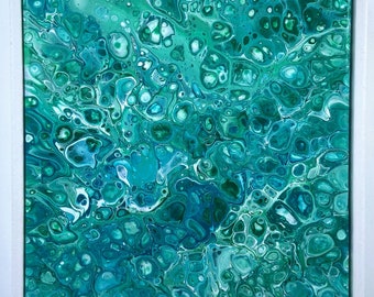 Green Acrylic Pour Painting, Original Fluid Art, Abstract Artwork - ‘Debut’ - 30x30