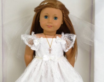 COMMUNION OUTFIT Lace Frill Dress white Satin Bow Veil Cross Necklace Handmade to fit American Girl Our Generation 18 Inch Doll  Clothes