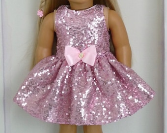 Handmade Pink Sequin Party Dress with Bow for 18 Inch Dolls