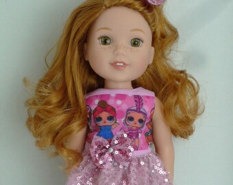 LOL STYLE PINK Sequin Party Dress Sequin Hair Bow  to fit Wellie Wishers Glitter Girls similar size 14  Inch Doll Clothes