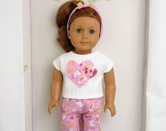 Pink Unicorn Pajamas Pants Top Hairband Sleepover Handmade to fit American Girl Our Generation similar size 18 Inch Doll