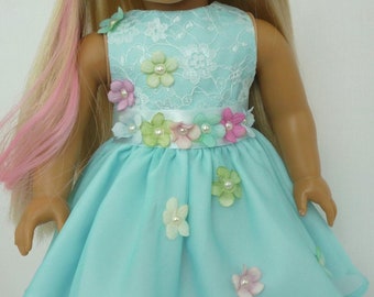 Handmade Turquoise Chiffon Flower Dress for 18 Inch Dolls