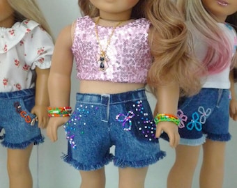 Handmade Denim Shorts Outfit: Beaded 18 Inch Doll Clothes
