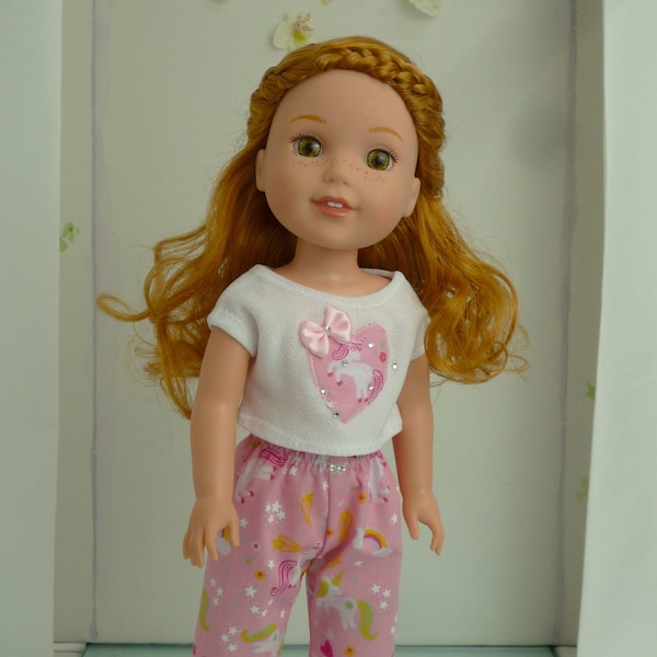 PINK UNICORN PYJAMAS Pants T Shirt Pom Pom Hair Clip Sleepover Handmade to fit Wellie Wishers Glitter Girls size 14 Inch Doll