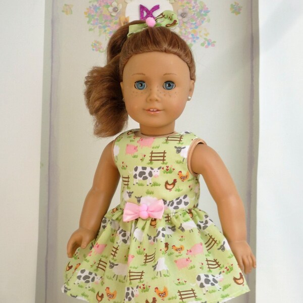 EASTER FARMYARD DRESS Bow Hair Clasp Handmade to fit American Girl Our Generation 18 Inch Doll Clothes