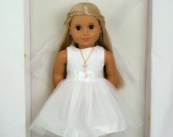 FIRST COMMUNION DRESS Lace Tulle Dress Veil Cross Pendant Necklace handmade to fit American Girl Our Generation similar size 18 Inch Doll