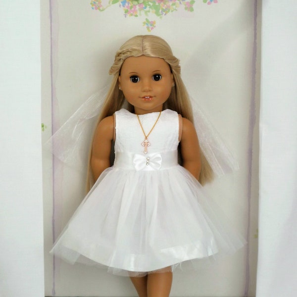 FIRST COMMUNION DRESS Spitze Tüll Kleid Schleier Kreuz Anhänger Halskette handgemacht, um American Girl Our Generation ähnliche Größe 18-Zoll-Puppe passen